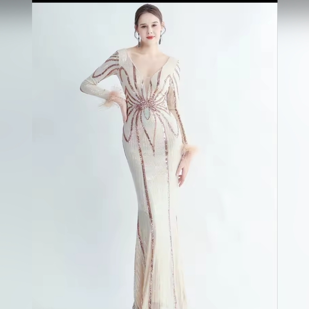 Gold Sequin Embellished Long Sleeve Gown